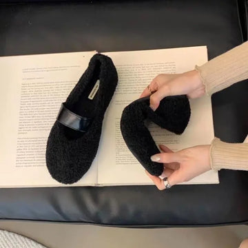 Xajzpa New Women Ballet Laofer Flat Shoes Fashion Shallow Slip on Ladies Fur Mary Jane Shoes Soft Outdoor Granny Shoes Zapatos Mujer